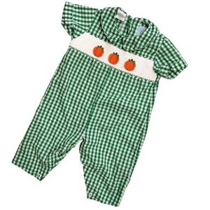 Southern Sunshine Pumpkin Smocked Fall Thanksgiving Green Gingham Romper JonJon